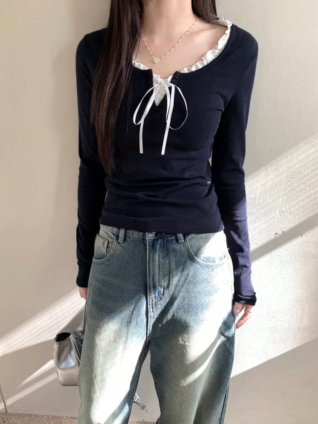 Women's Casual Tie Front Long Sleeve T-Shirt With Ruffle Hem, With Thermal Lined For Spring/Autumn/Winter