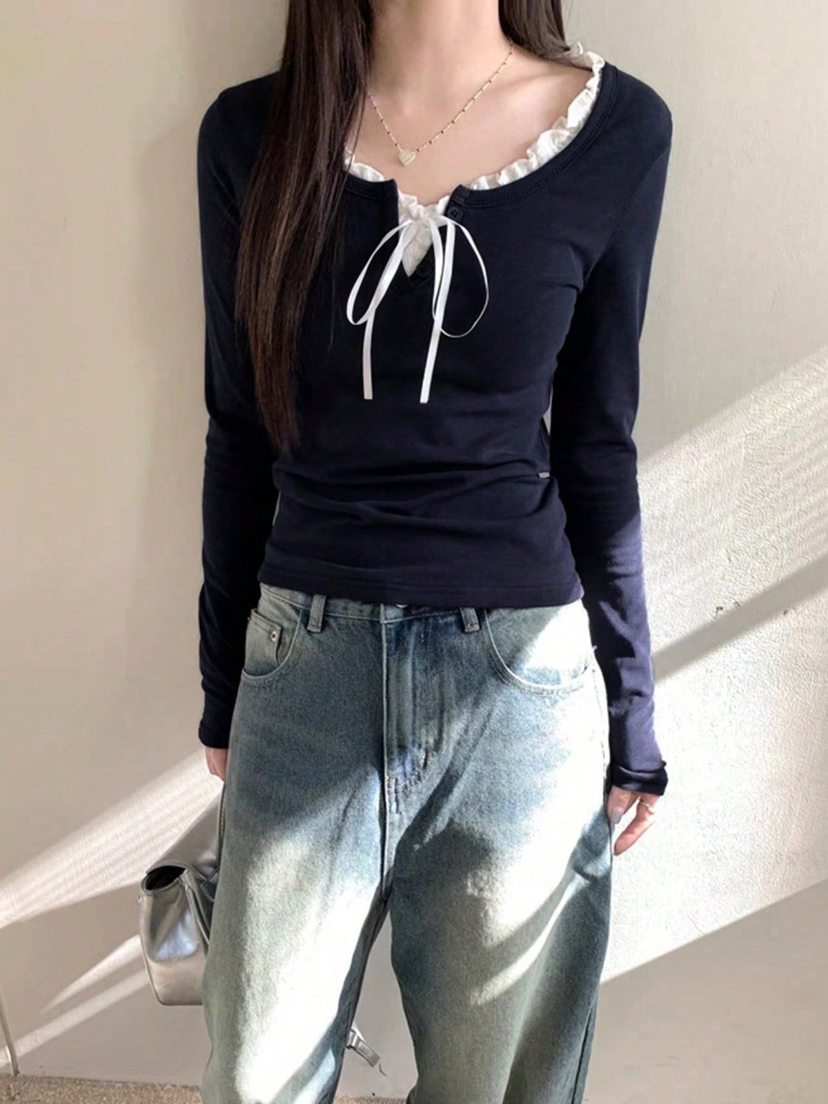 Women's Casual Tie Front Long Sleeve T-Shirt With Ruffle Hem, With Thermal Lined For Spring/Autumn/Winter