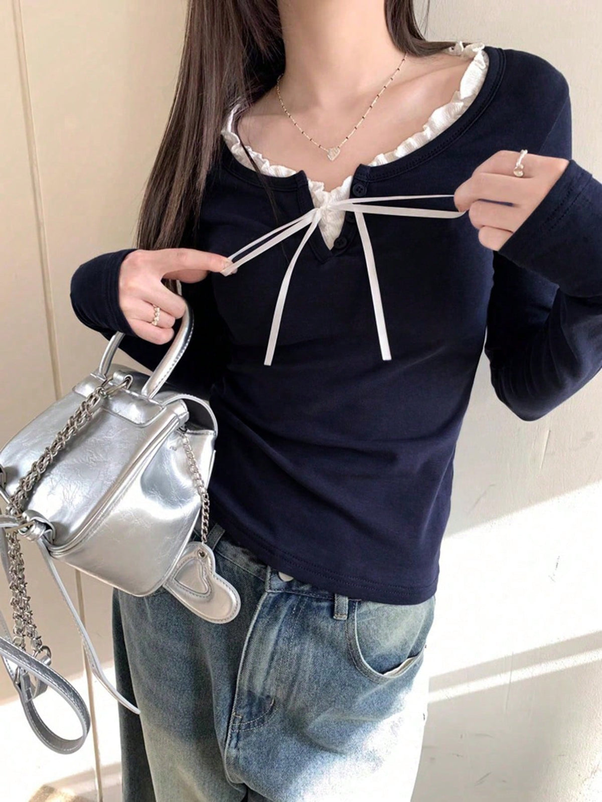 Women's Casual Tie Front Long Sleeve T-Shirt With Ruffle Hem, With Thermal Lined For Spring/Autumn/Winter