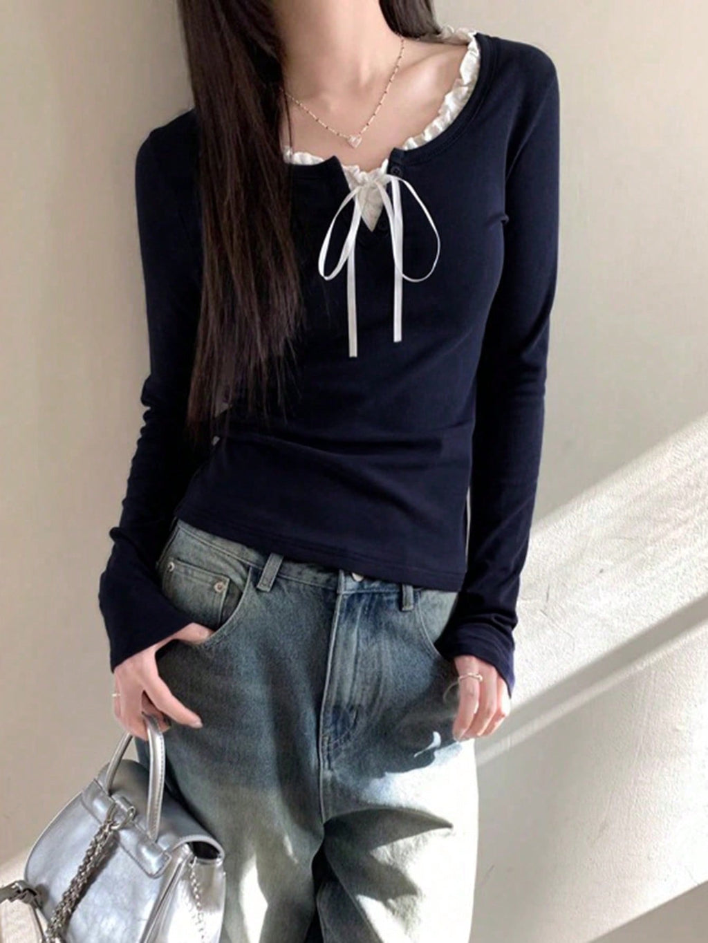 Women's Casual Tie Front Long Sleeve T-Shirt With Ruffle Hem, With Thermal Lined For Spring/Autumn/Winter
