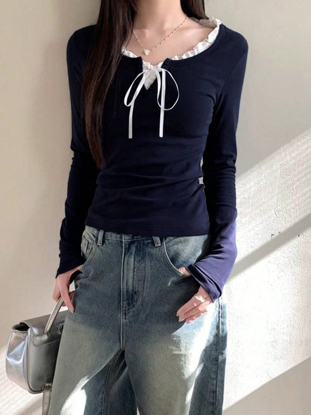 Women's Casual Tie Front Long Sleeve T-Shirt With Ruffle Hem, With Thermal Lined For Spring/Autumn/Winter