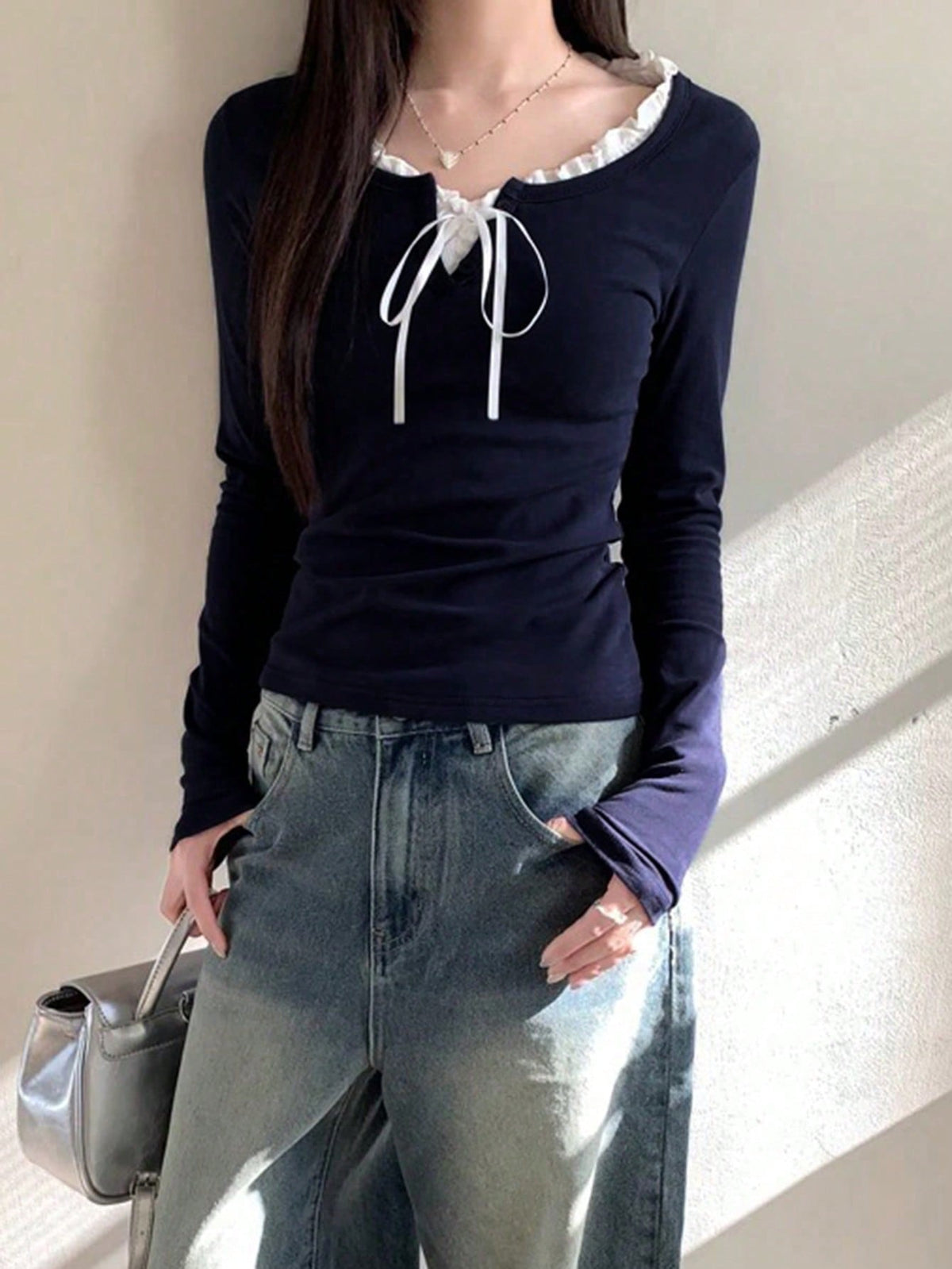 Women's Casual Tie Front Long Sleeve T-Shirt With Ruffle Hem, With Thermal Lined For Spring/Autumn/Winter