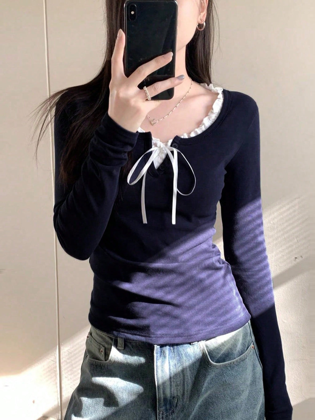 Women's Casual Tie Front Long Sleeve T-Shirt With Ruffle Hem, With Thermal Lined For Spring/Autumn/Winter