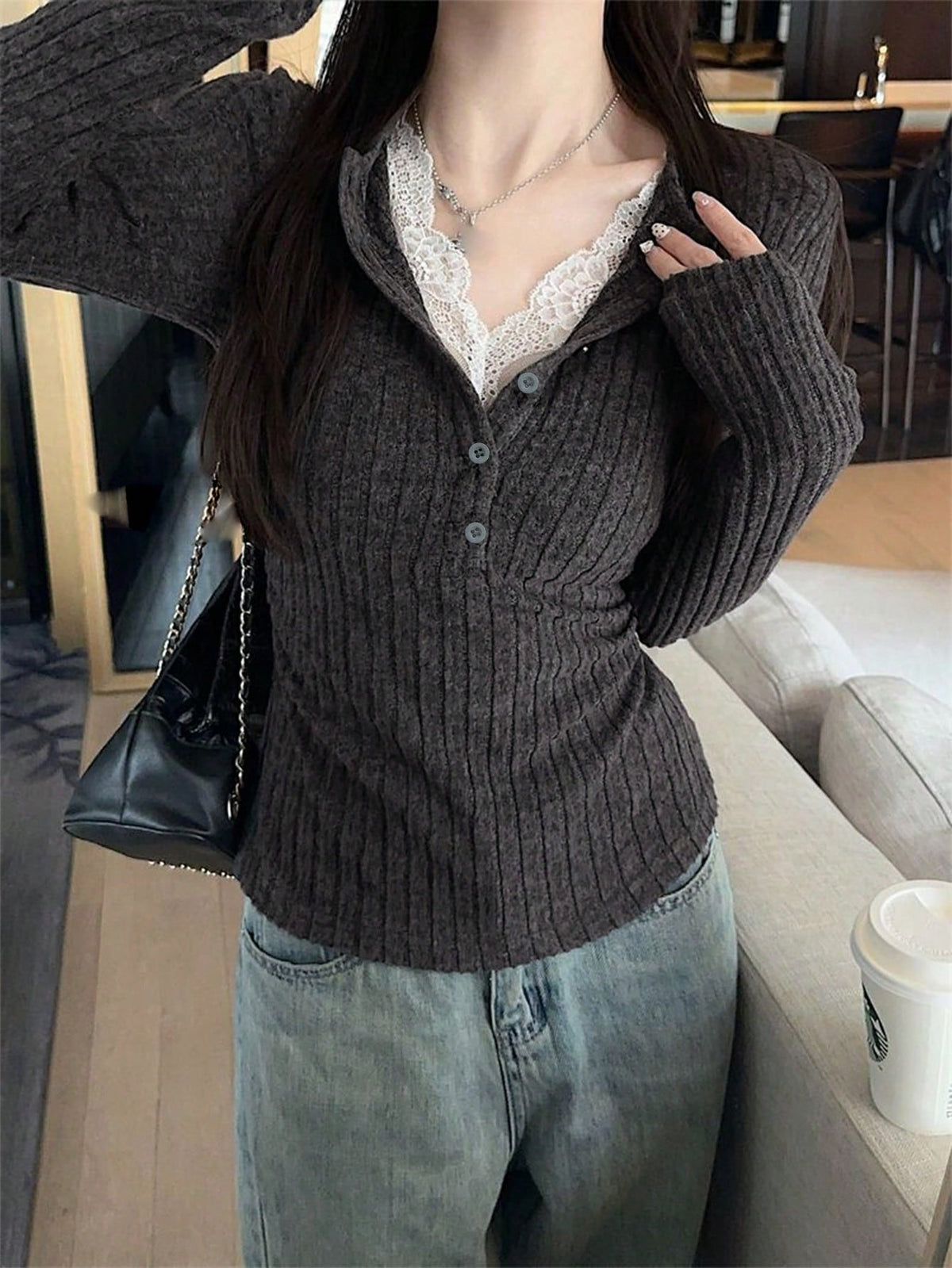 1pc Women's 2 In 1 Lace Trim Plush Knit Base Layer Top, Fitted Cropped Pullover Sweater For Autumn/Winter