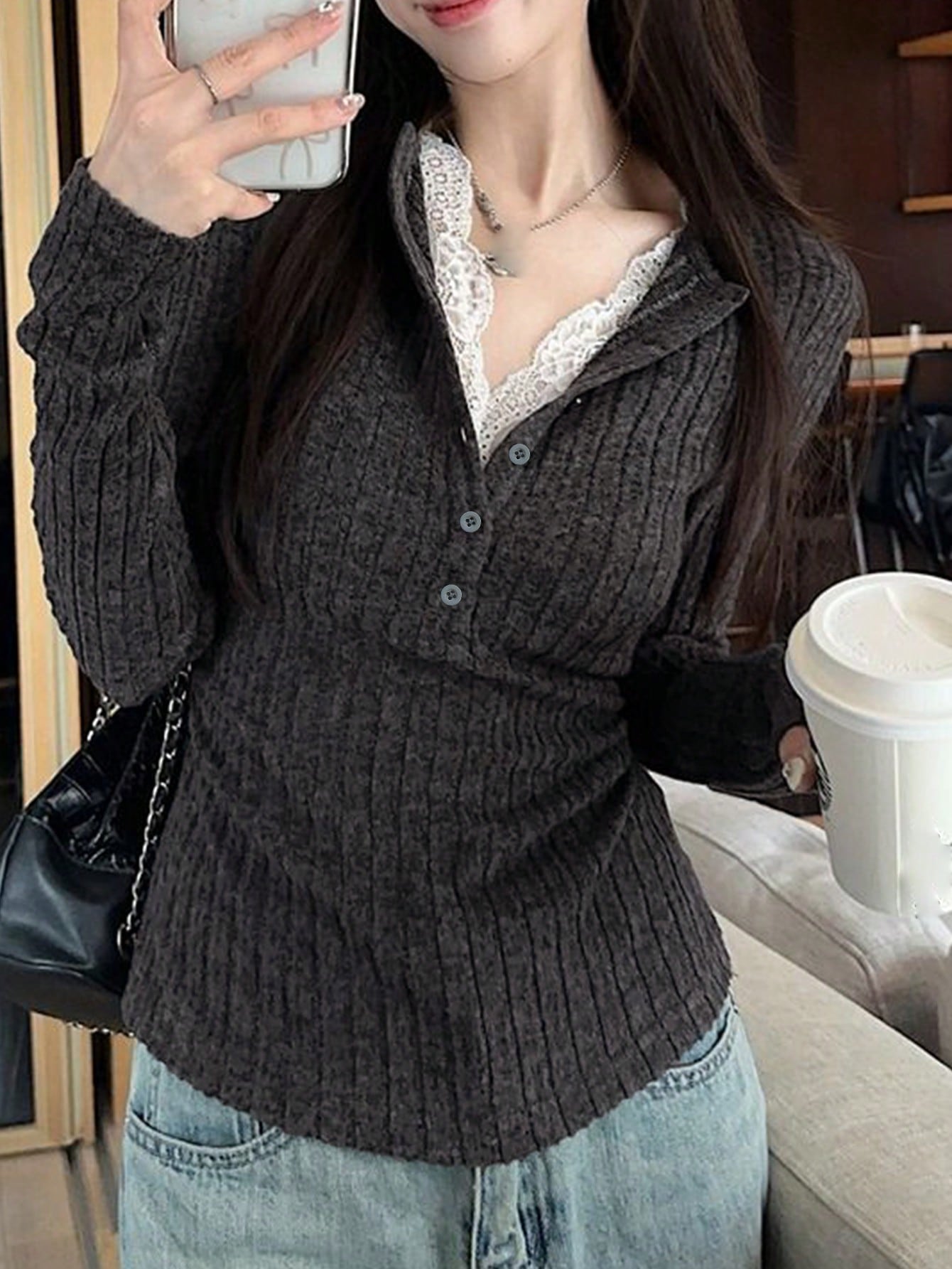 1pc Women's 2 In 1 Lace Trim Plush Knit Base Layer Top, Fitted Cropped Pullover Sweater For Autumn/Winter