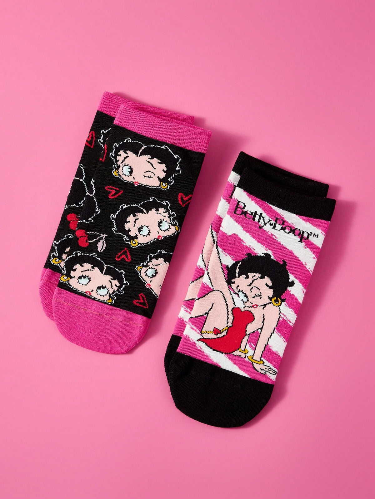 Betty Boop x SHEIN 女性用コンフォートカートゥーン柄アンクルソックス2ペア、ギフト