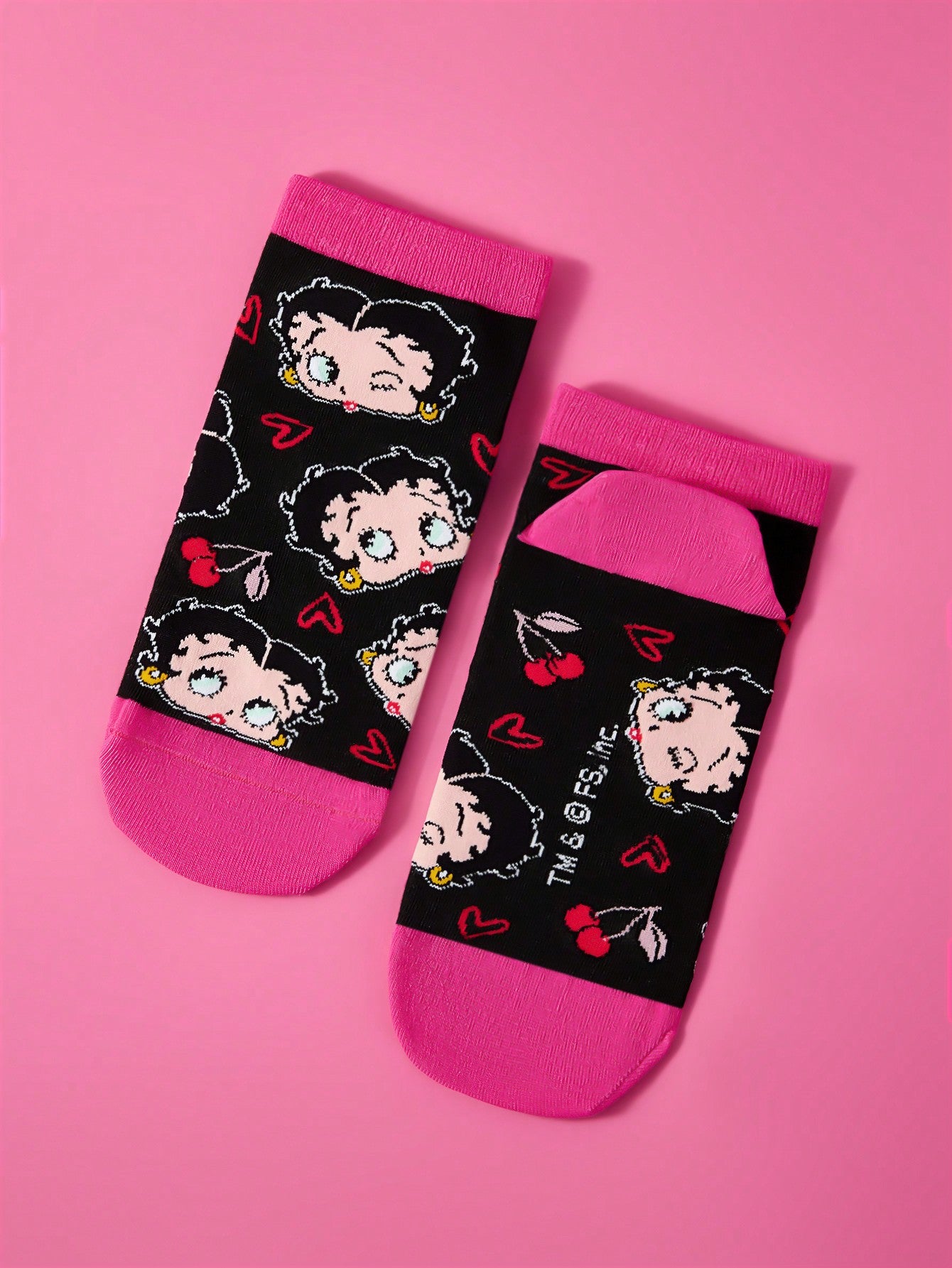 Betty Boop x SHEIN 女性用コンフォートカートゥーン柄アンクルソックス2ペア、ギフト