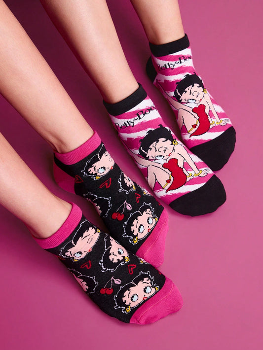 Betty Boop x SHEIN 女性用コンフォートカートゥーン柄アンクルソックス2ペア、ギフト