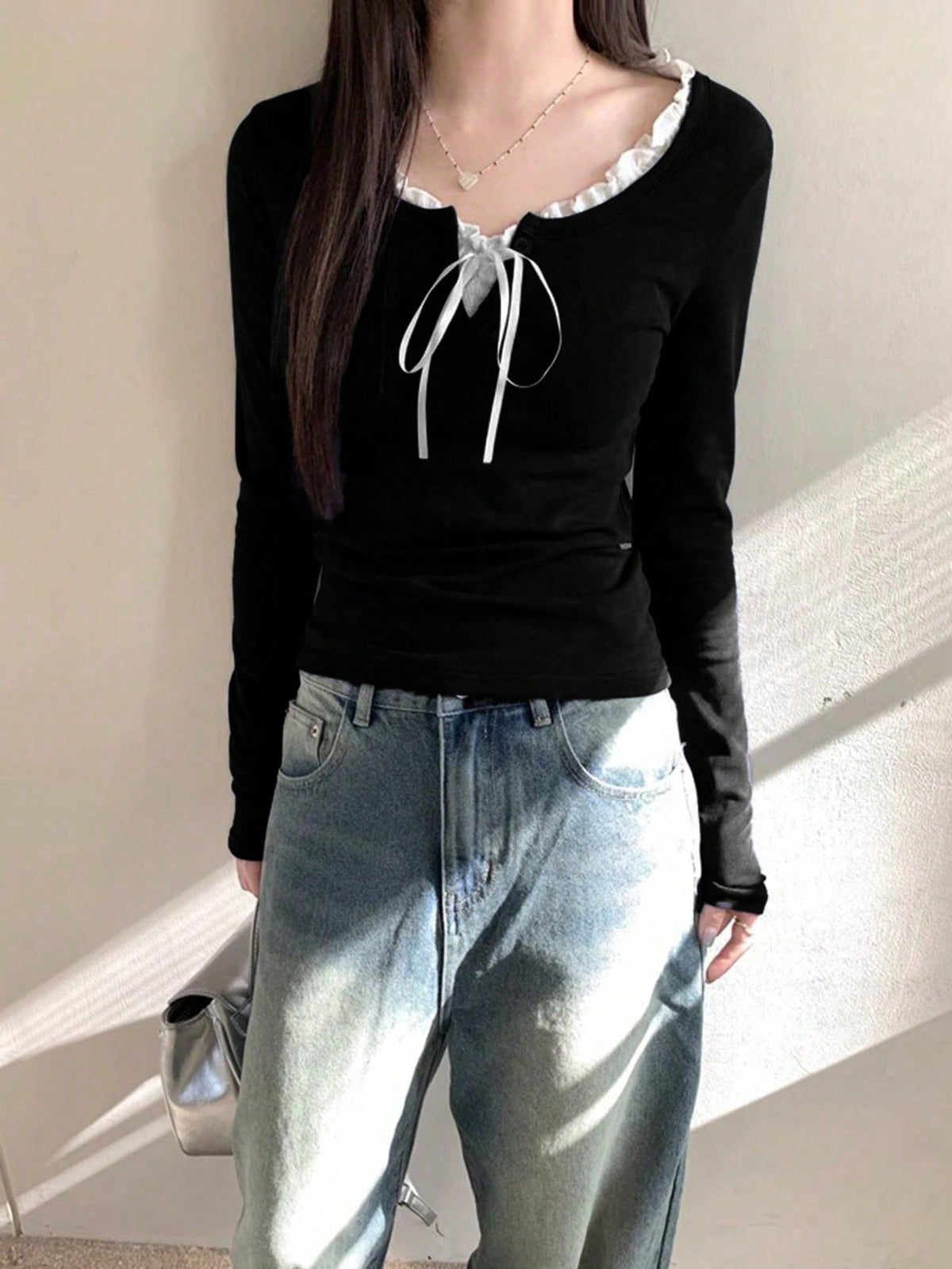 Women's Casual Tie Front Long Sleeve T-Shirt With Ruffle Hem, With Thermal Lined For Spring/Autumn/Winter