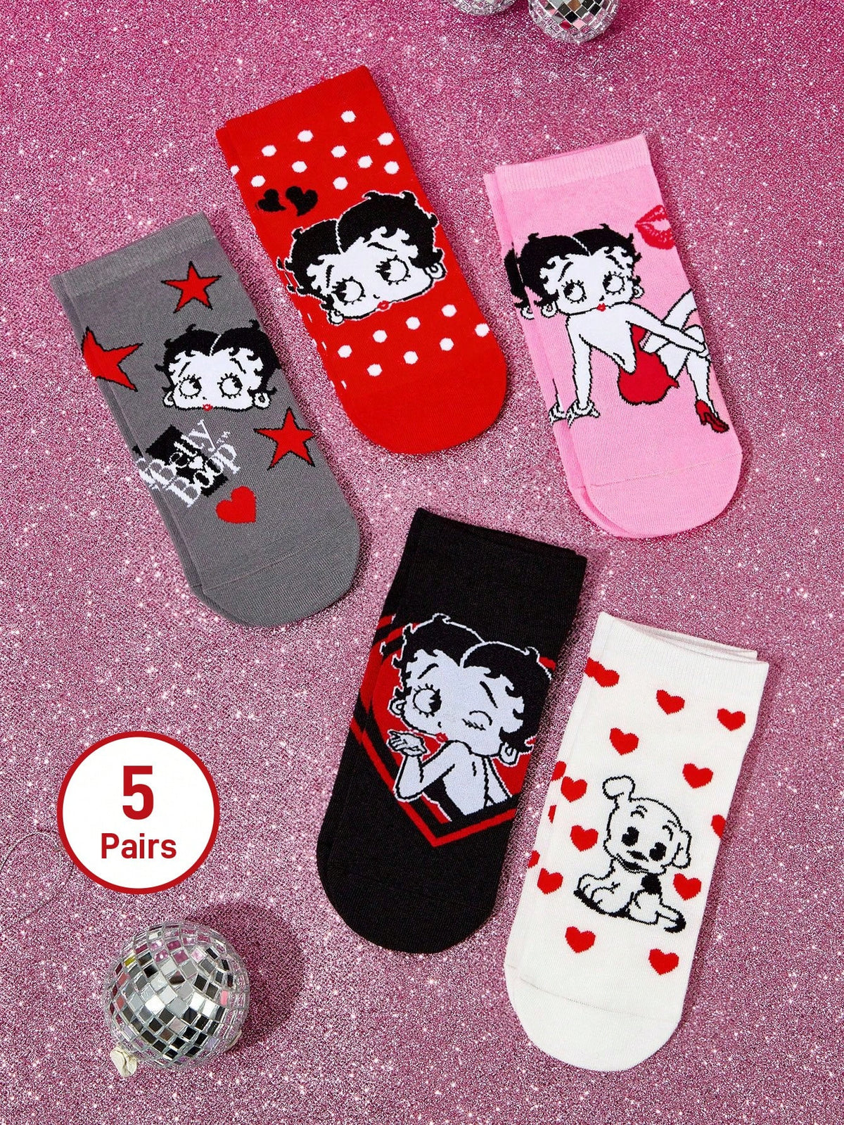 Betty Boop x SHEIN 女性用コンフォートカートゥーン柄アンクルソックス2ペア、ギフト