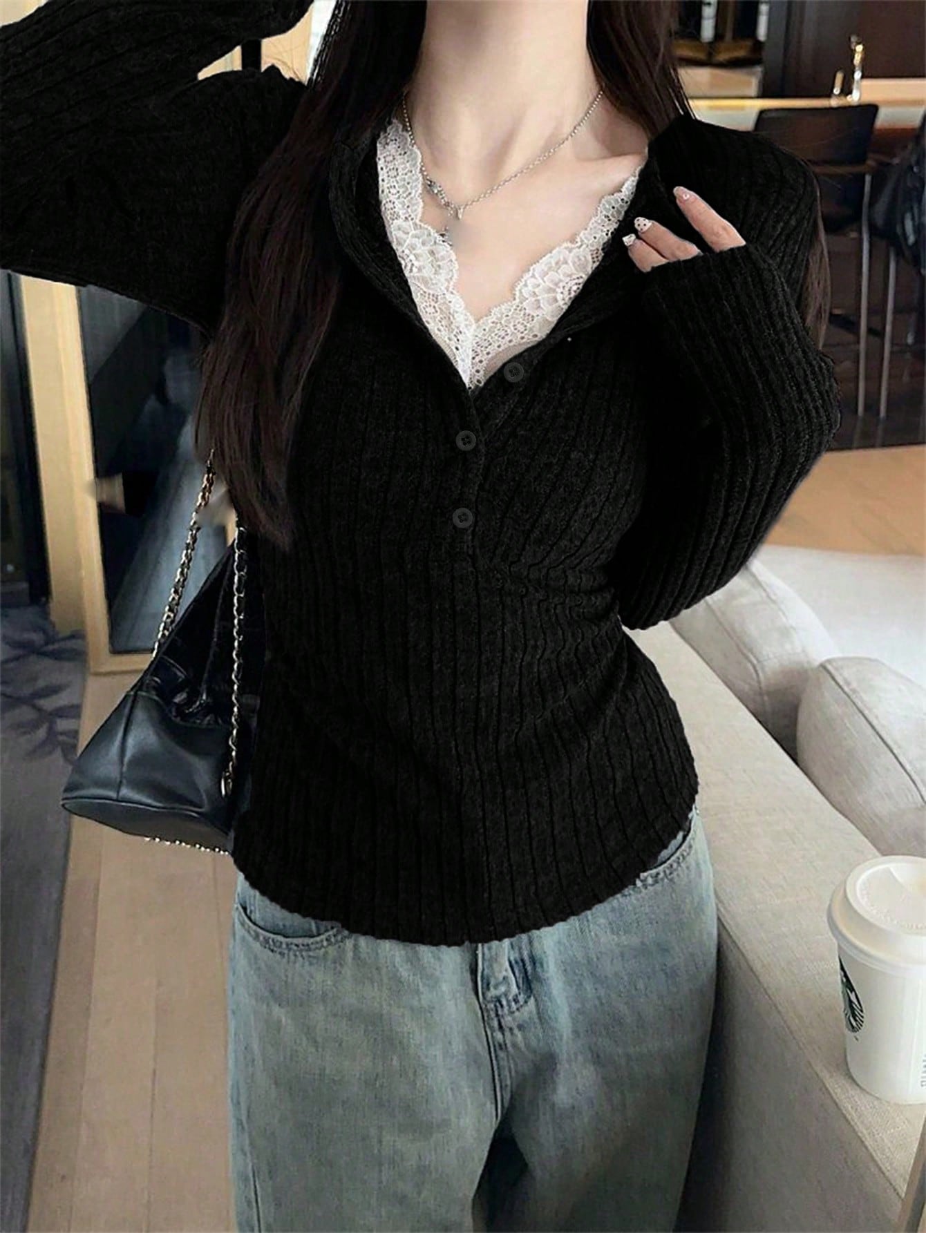 1pc Women's 2 In 1 Lace Trim Plush Knit Base Layer Top, Fitted Cropped Pullover Sweater For Autumn/Winter