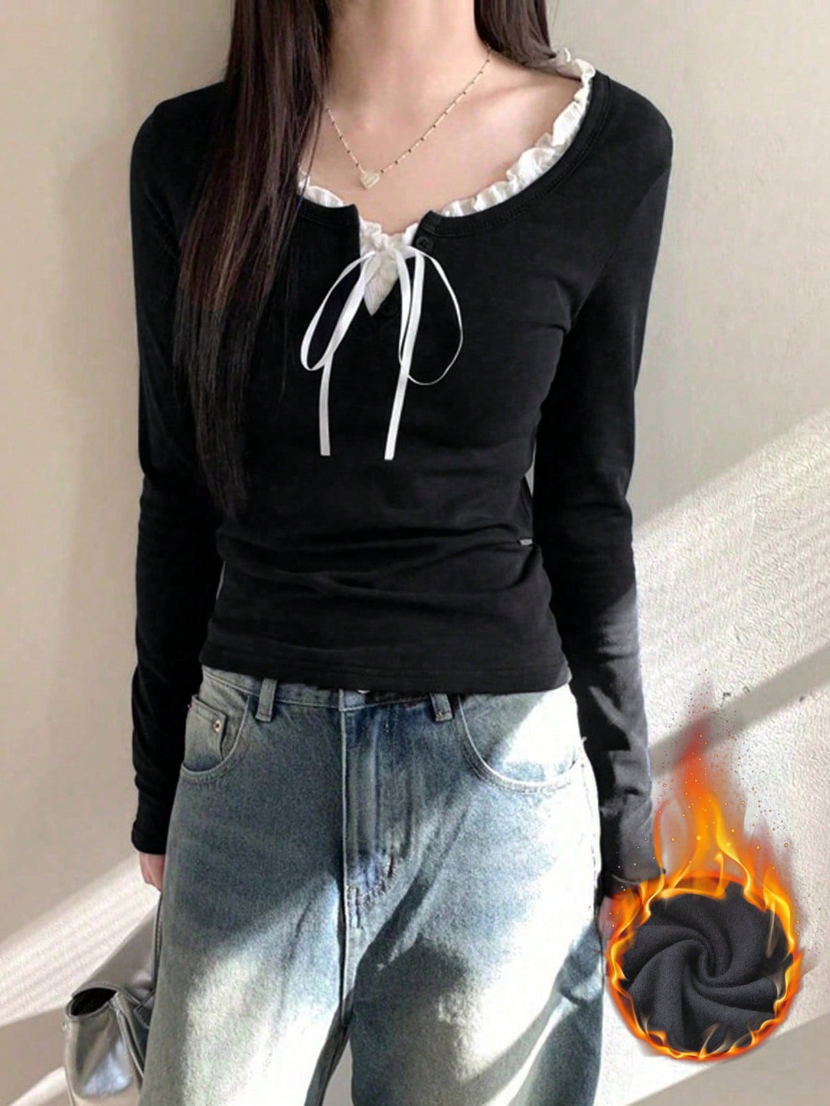 Women's Casual Tie Front Long Sleeve T-Shirt With Ruffle Hem, With Thermal Lined For Spring/Autumn/Winter