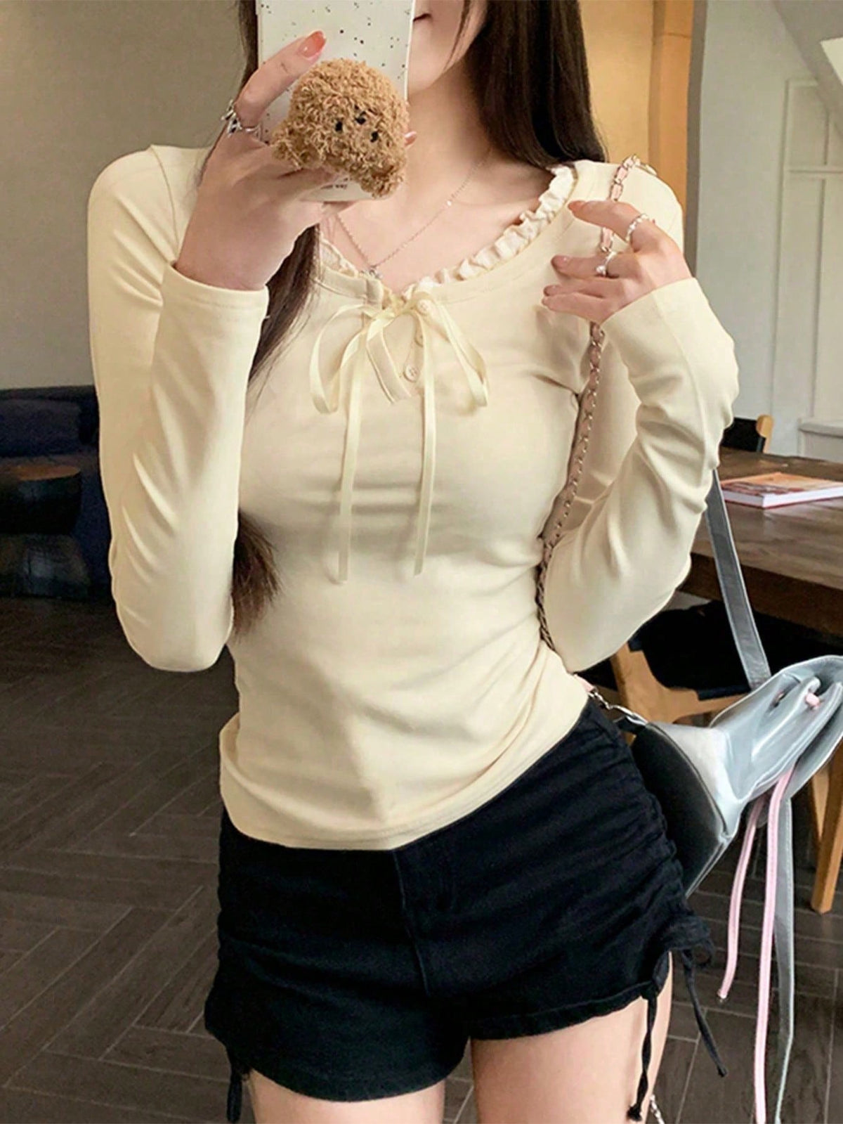 Women's Casual Tie Front Long Sleeve T-Shirt With Ruffle Hem, With Thermal Lined For Spring/Autumn/Winter