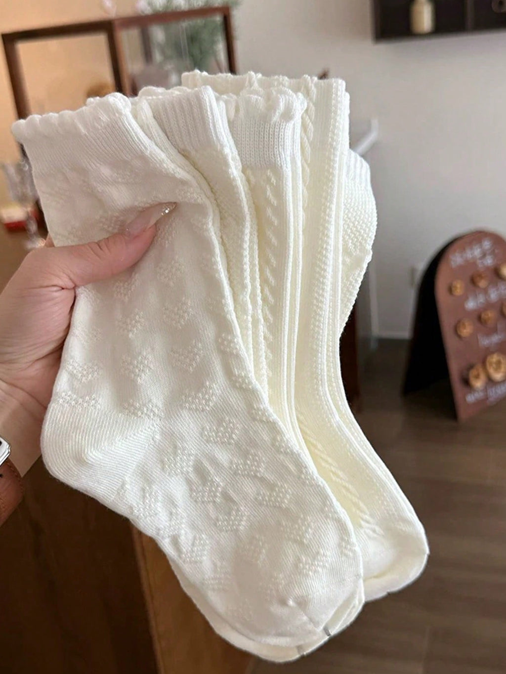 女性用ソリッドカラー ラッフルヘム プリント ミッドカーフソックス 4足セット、ファッショナブル、ソフトで快適、学校始まりの季節や通年で使えます、ランダムカラーアソート