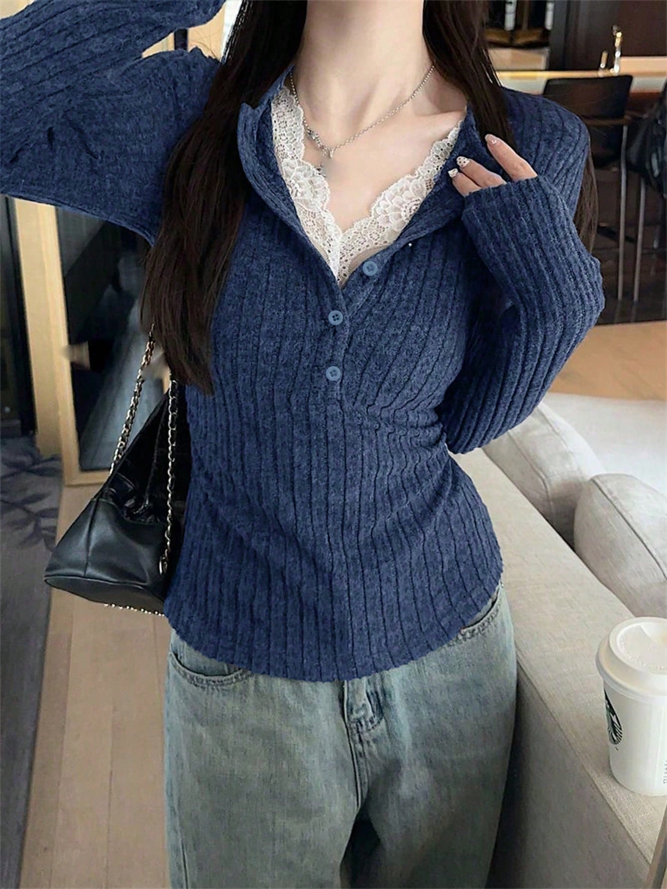 1pc Women's 2 In 1 Lace Trim Plush Knit Base Layer Top, Fitted Cropped Pullover Sweater For Autumn/Winter