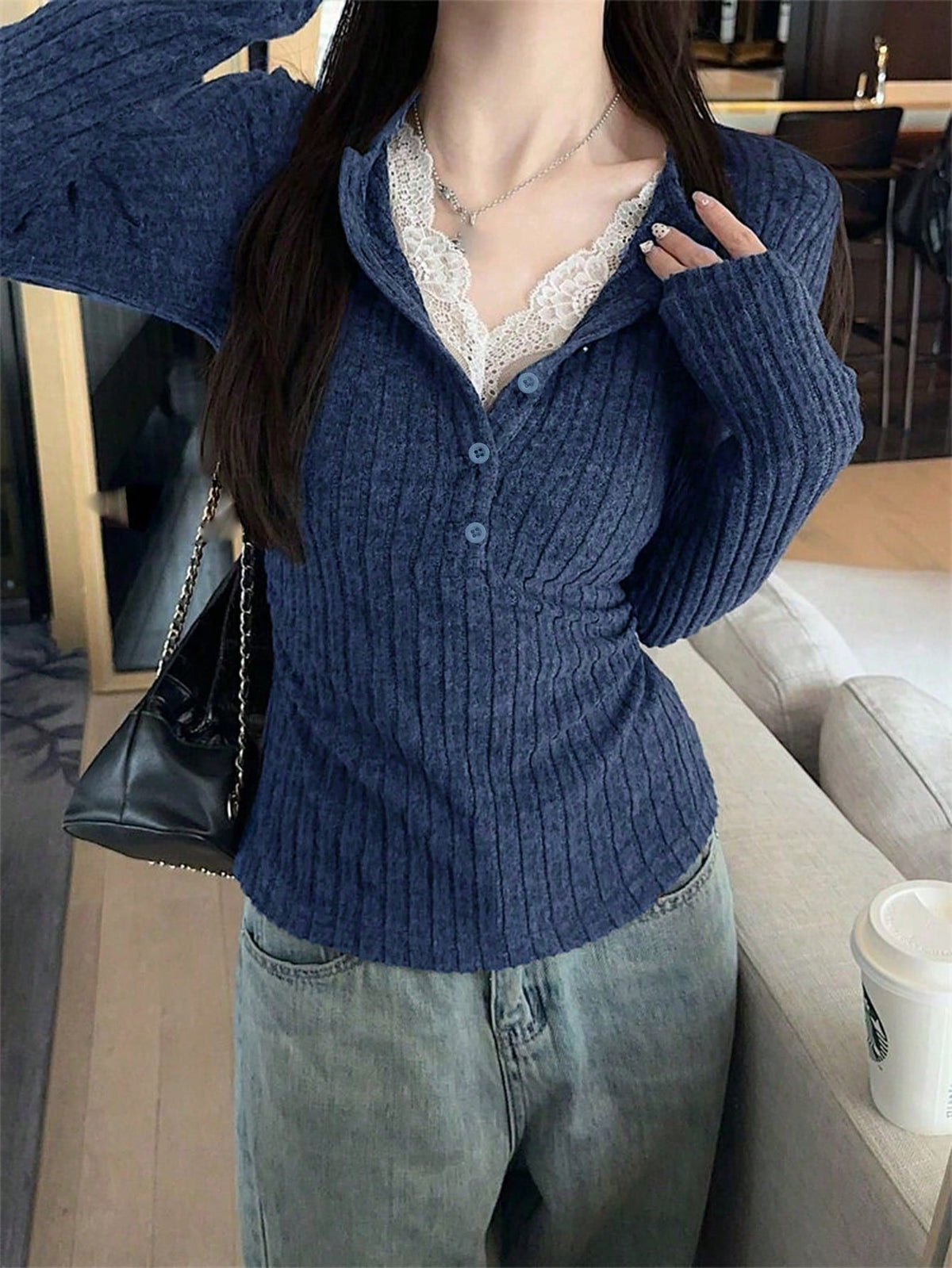 1pc Women's 2 In 1 Lace Trim Plush Knit Base Layer Top, Fitted Cropped Pullover Sweater For Autumn/Winter