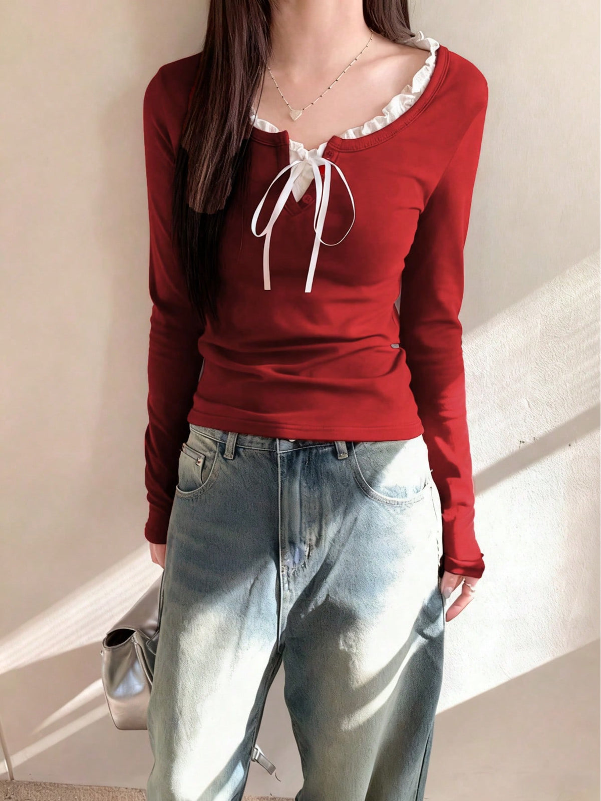 Women's Casual Tie Front Long Sleeve T-Shirt With Ruffle Hem, With Thermal Lined For Spring/Autumn/Winter