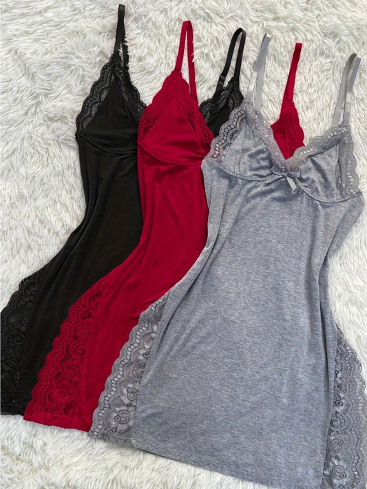 3-Pack Ladies' Sexy Lace Splicing Pajamas - Soft Satin Touch, Side Split Design, Adjustable Thin Shoulder Straps, Black/Red/Grey - Hand Washed Elegant Adult Loungewear Only, Couples' Supporting Pajamas, Comfortable Night Wear, Imitation Satin Fabric,
