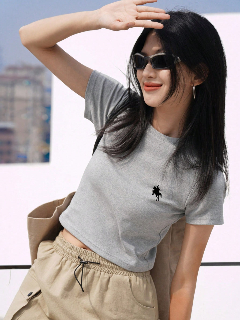 Light Gray Loose Fit Short Sleeve Round Neck T-Shirt, Fashionable & Age-Reducing, Versatile Top For Women, Spring/Summer