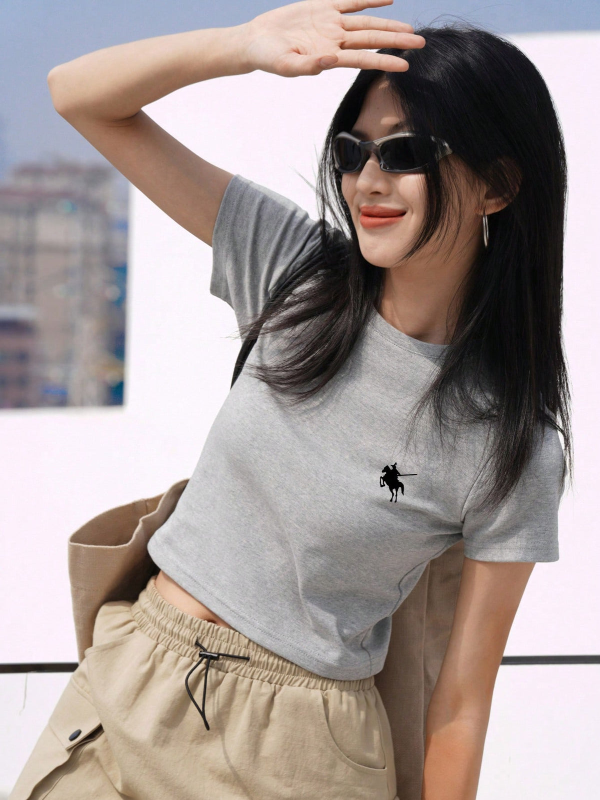 Light Gray Loose Fit Short Sleeve Round Neck T-Shirt, Fashionable & Age-Reducing, Versatile Top For Women, Spring/Summer