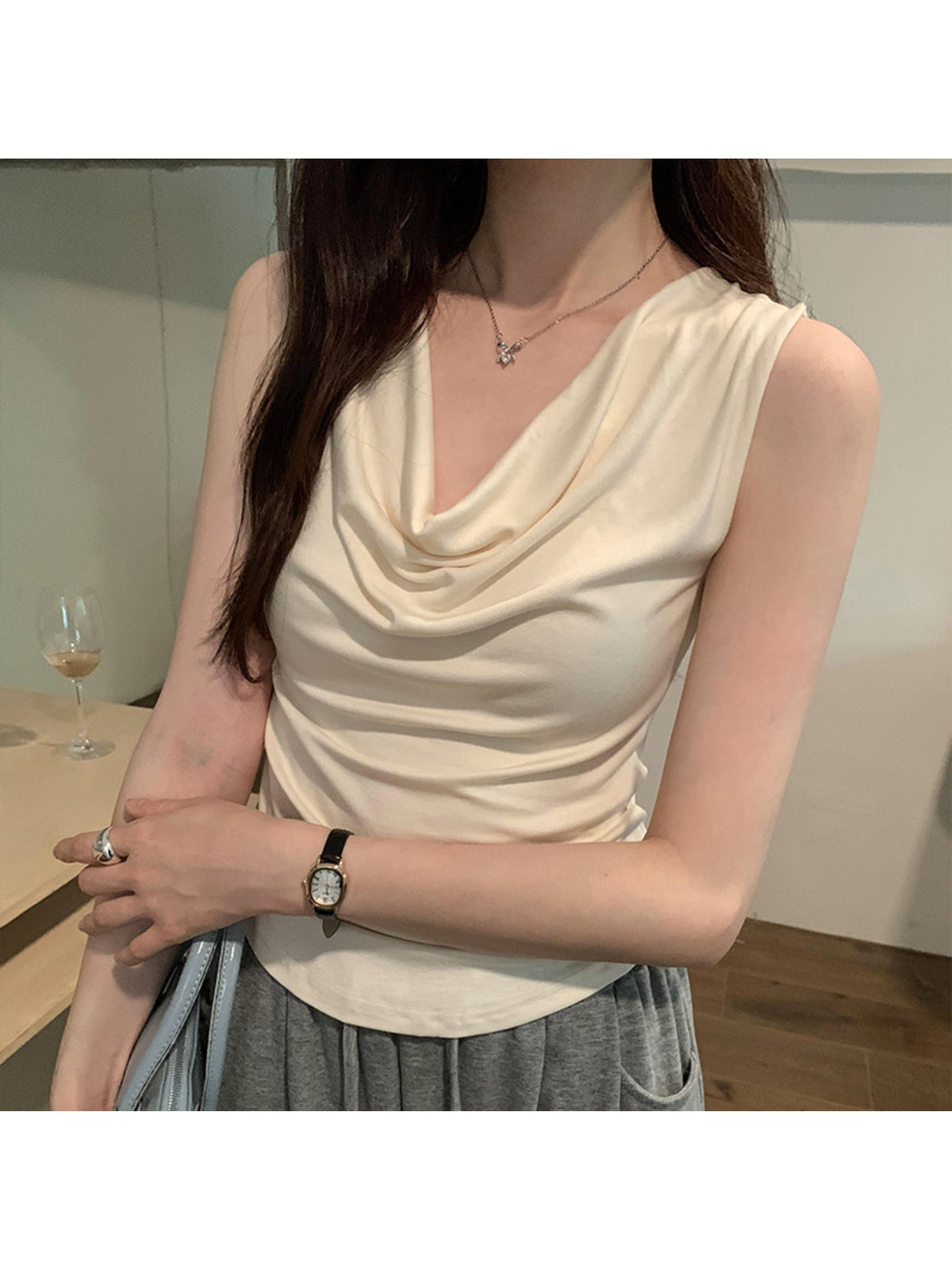 Sleeveless Top Women 2026 Spring Summer Cowl Neck Slim Fit Slimming Pure Sexy Stylish