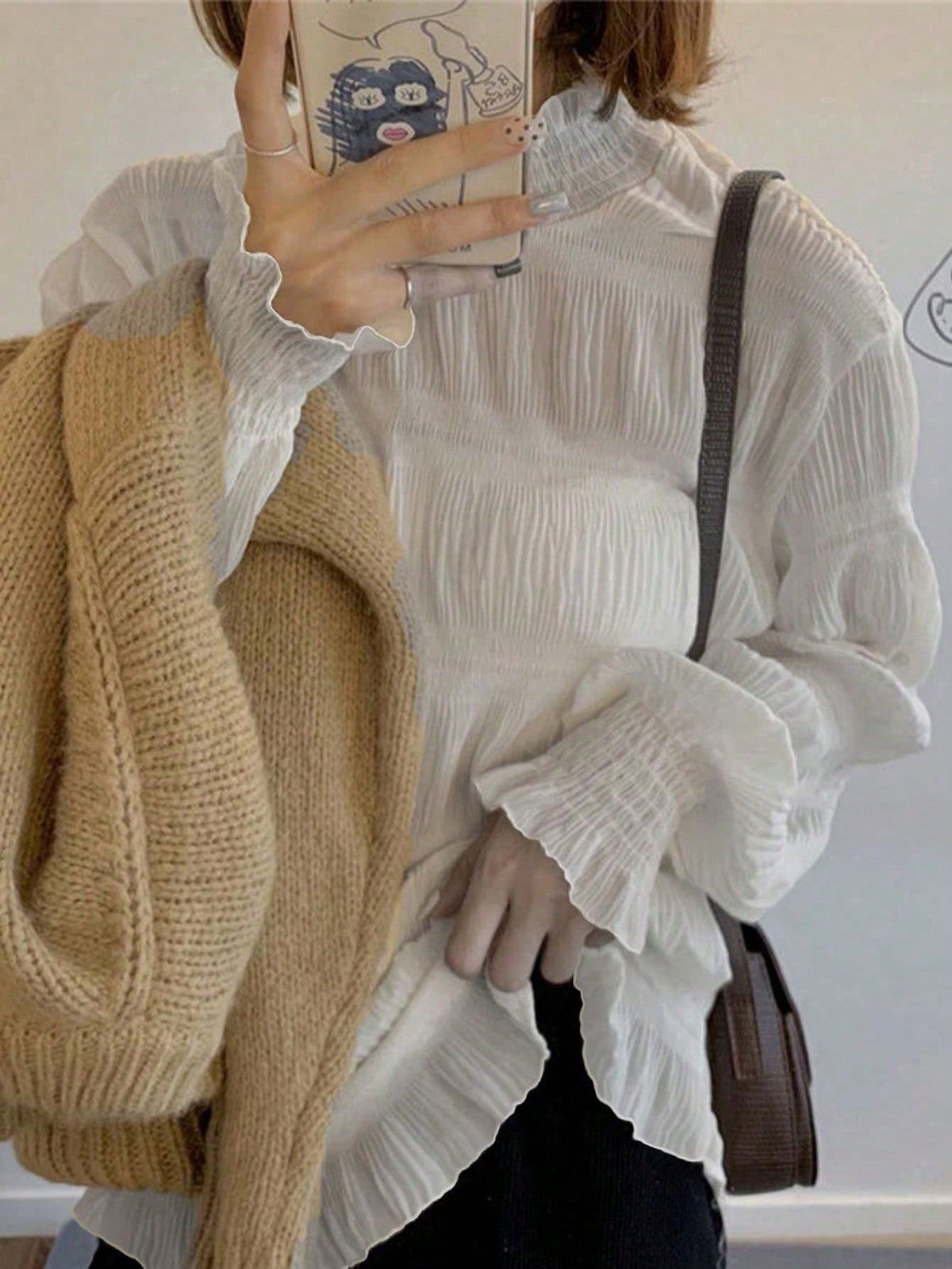 Women's Autumn/Winter Lace Trim Long Sleeve Sheer Chiffon Blouse Layering Top White Summer