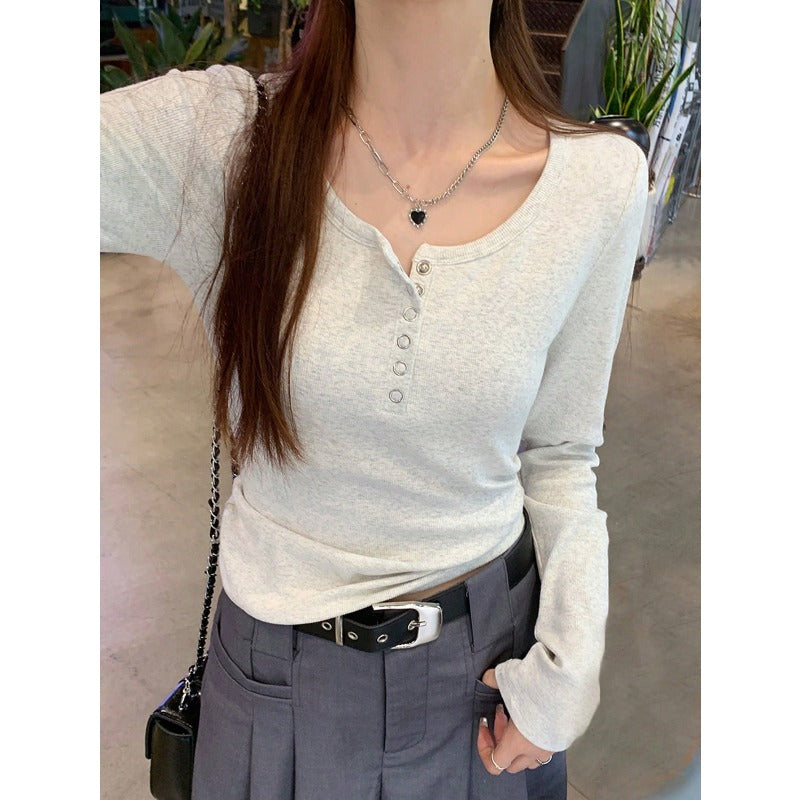 Women's Solid Color Knitted Long Sleeve Top T-Shirt For Fall