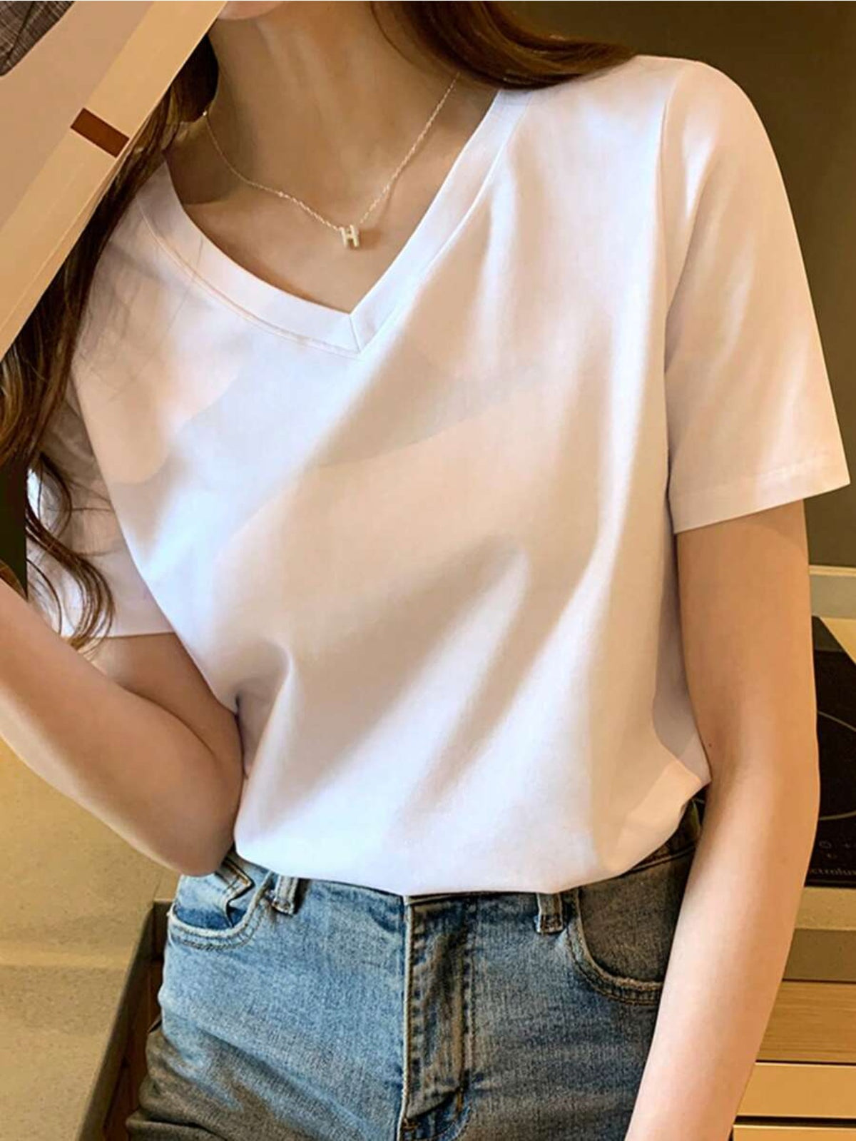 Ladies' Casual Plain V-Neck Short Sleeve T-Shirt, Summer White