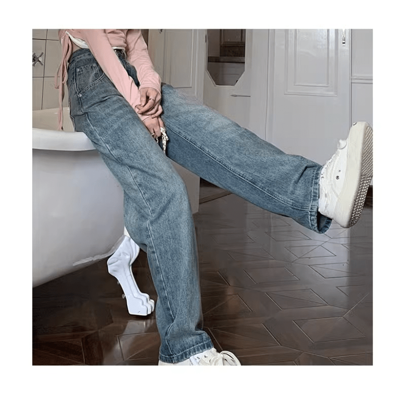 ウォッシュブルー ヴィンテージ ハイウエスト ワイドデニムパンツ レディース 春 スリミング ゆったり ドレッピー 洋ナシ体型 合わせやすい