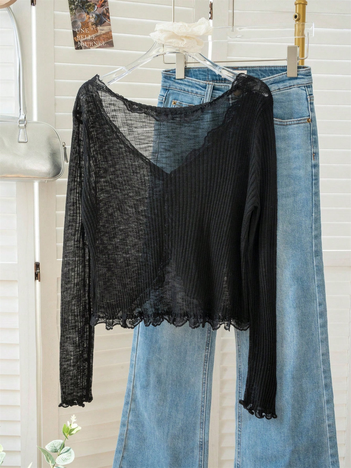 Women's Blue Lace Trim V-Neck Cover Up, Cute Back To School Summer Shawl Lightweight Outerwear