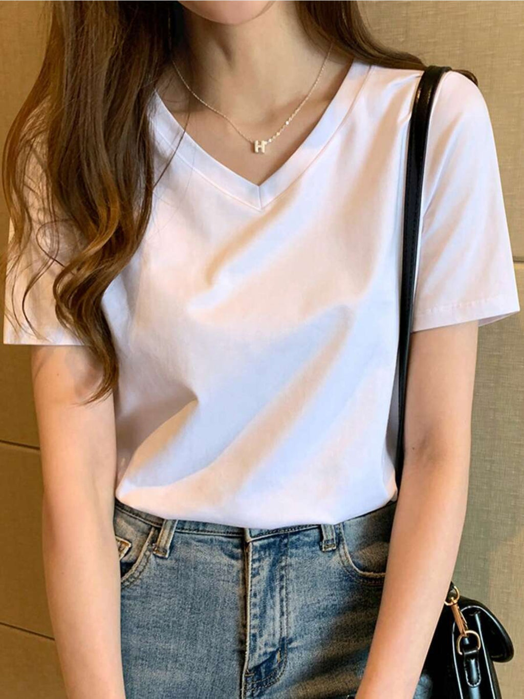 Ladies' Casual Plain V-Neck Short Sleeve T-Shirt, Summer White