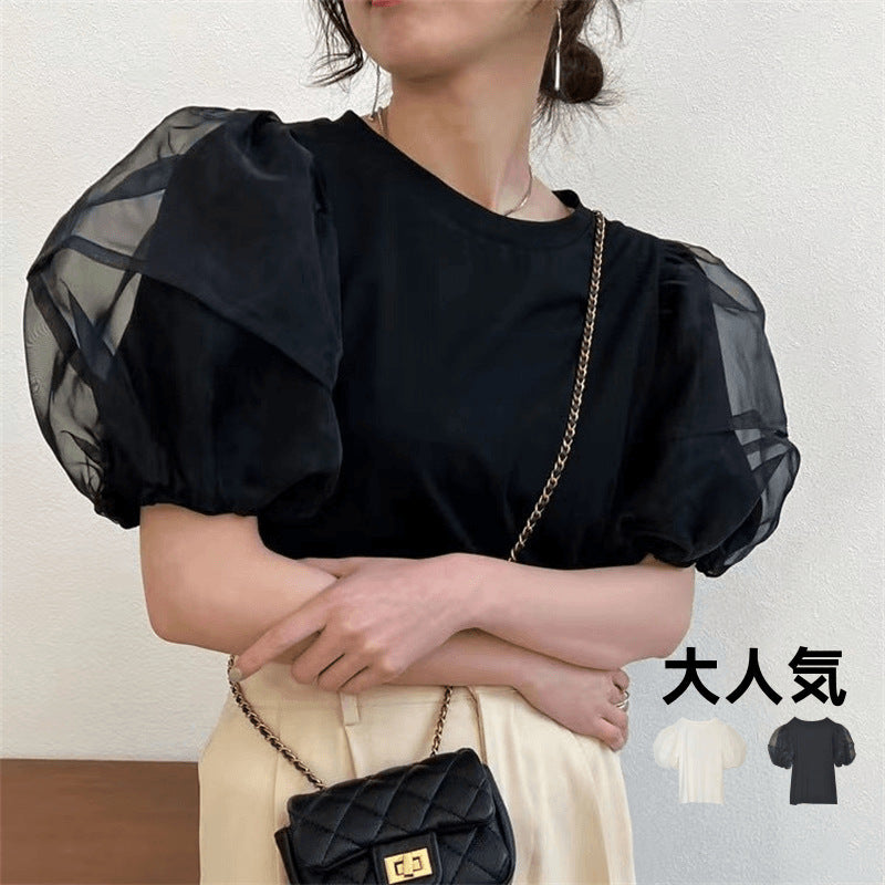 半袖Tシャツ レディース 2026夏新作 オーガンジー パフスリーブ 無地 クルーネック かわいい カジュアル
