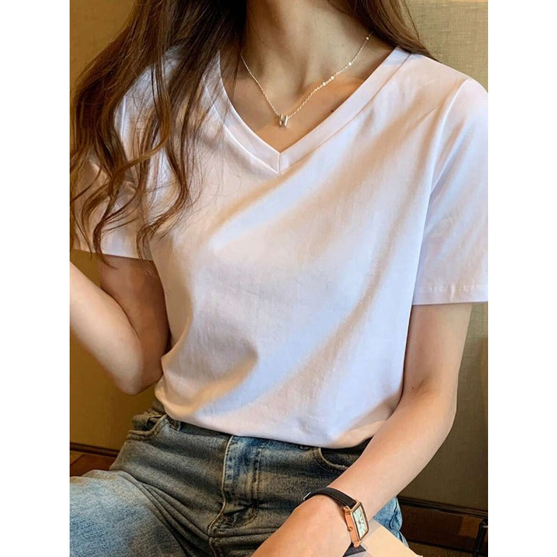 Ladies' Casual Plain V-Neck Short Sleeve T-Shirt, Summer White