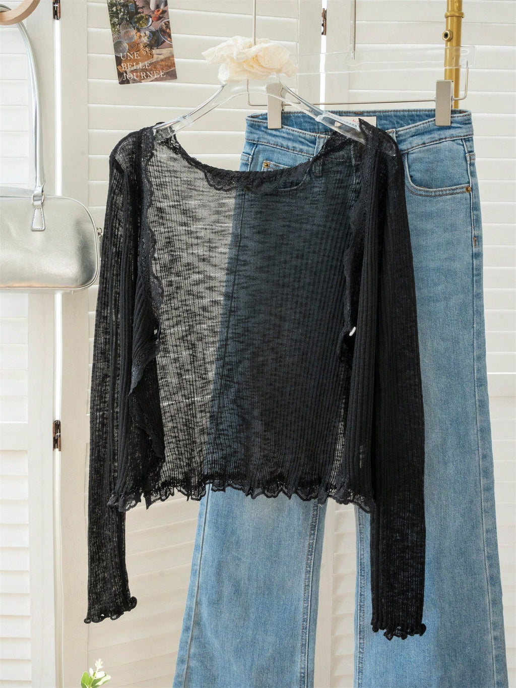 Women's Blue Lace Trim V-Neck Cover Up, Cute Back To School Summer Shawl Lightweight Outerwear