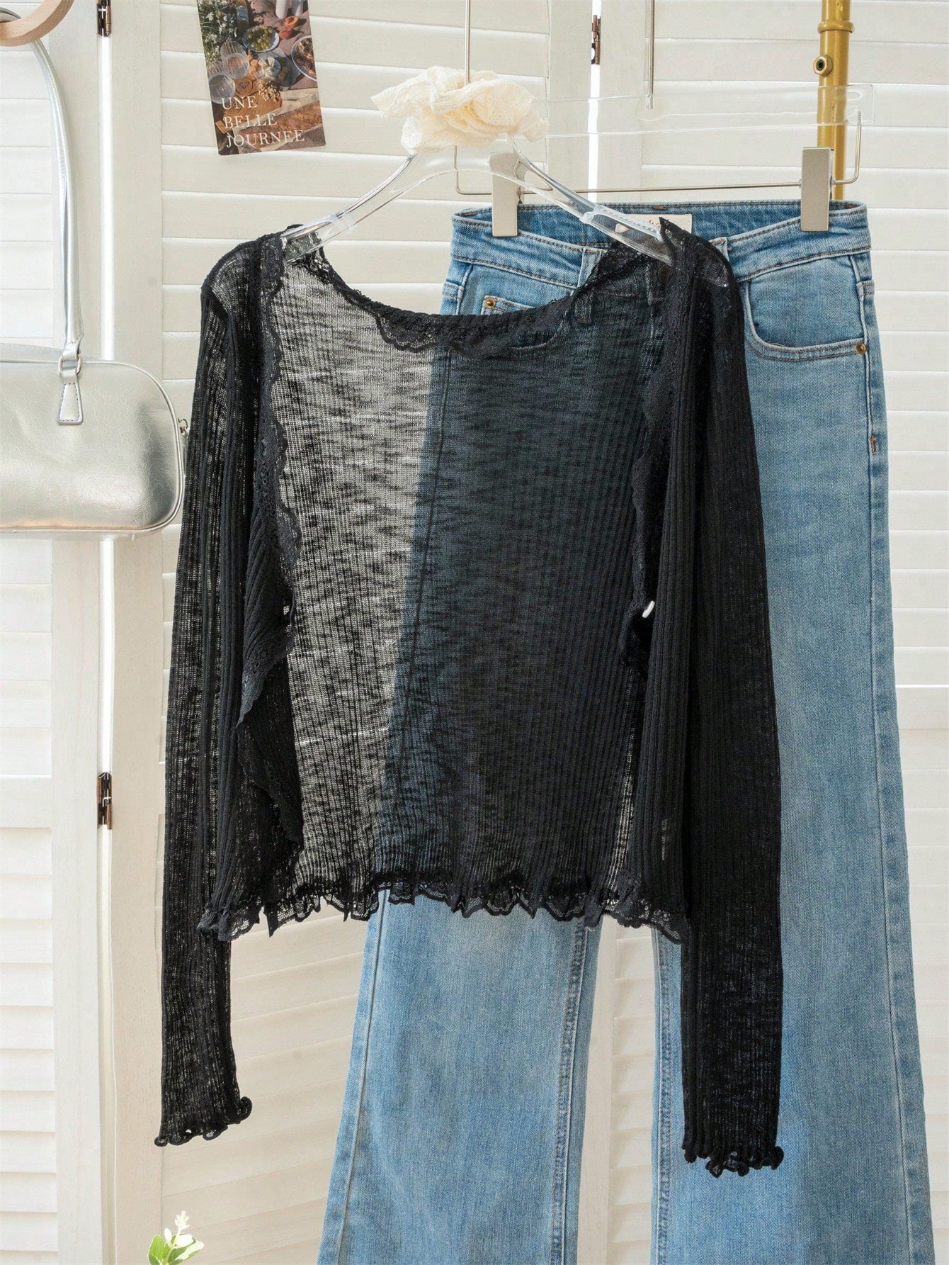 Women's Blue Lace Trim V-Neck Cover Up, Cute Back To School Summer Shawl Lightweight Outerwear