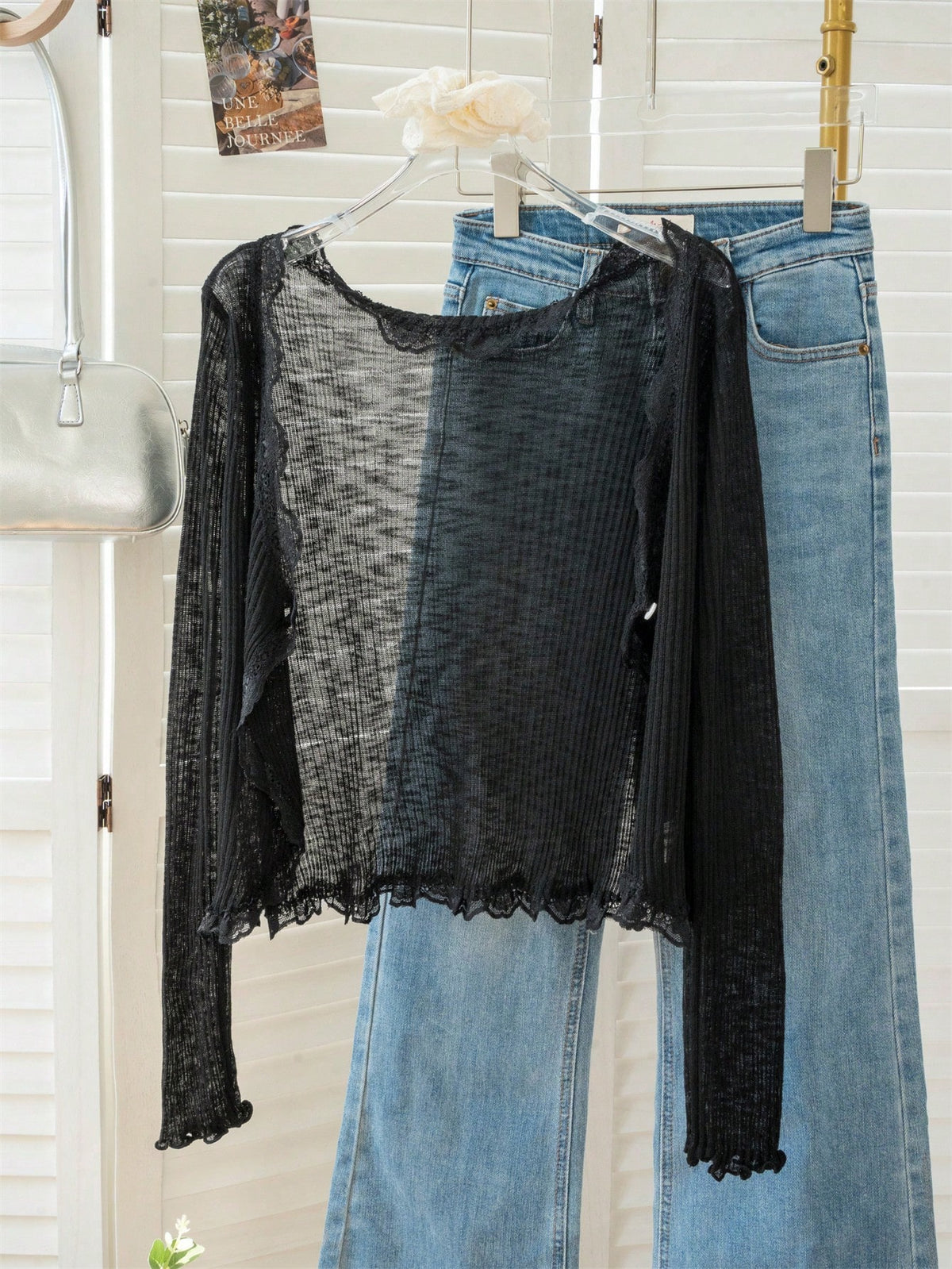 Women's Blue Lace Trim V-Neck Cover Up, Cute Back To School Summer Shawl Lightweight Outerwear