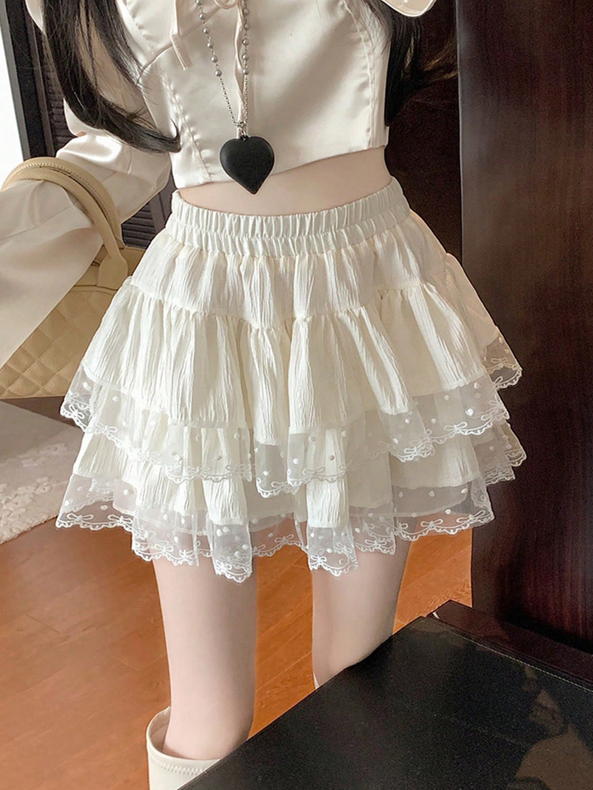 フレンチバレエ風 レーストリム付き ハイウエスト プリーツ ケーキスカート｜夏 防透 パフスカート 上品 ふんわり ロング丈