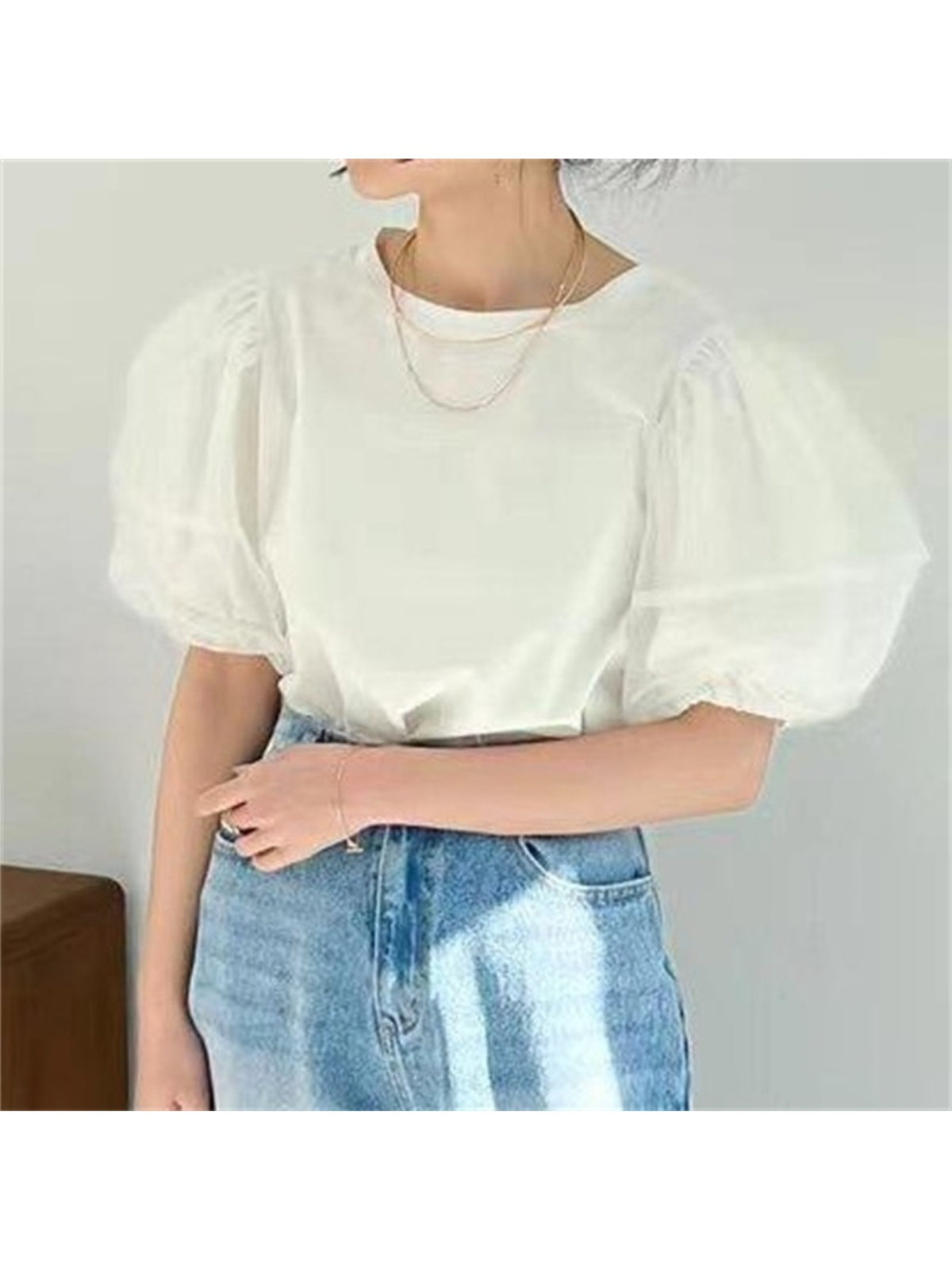 半袖Tシャツ レディース 2026夏新作 オーガンジー パフスリーブ 無地 クルーネック かわいい カジュアル