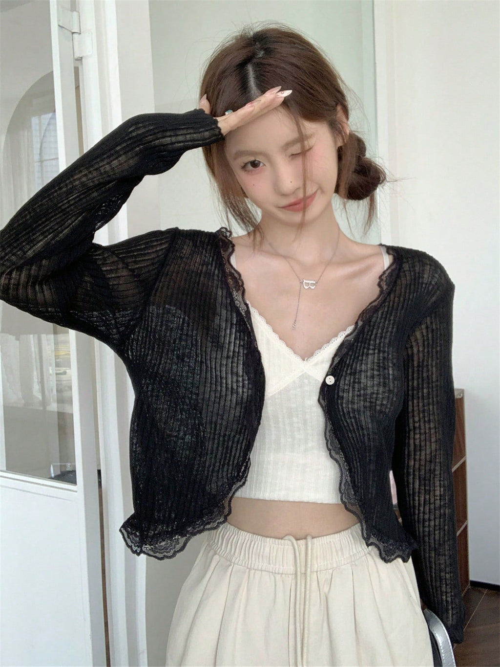 Women's Blue Lace Trim V-Neck Cover Up, Cute Back To School Summer Shawl Lightweight Outerwear