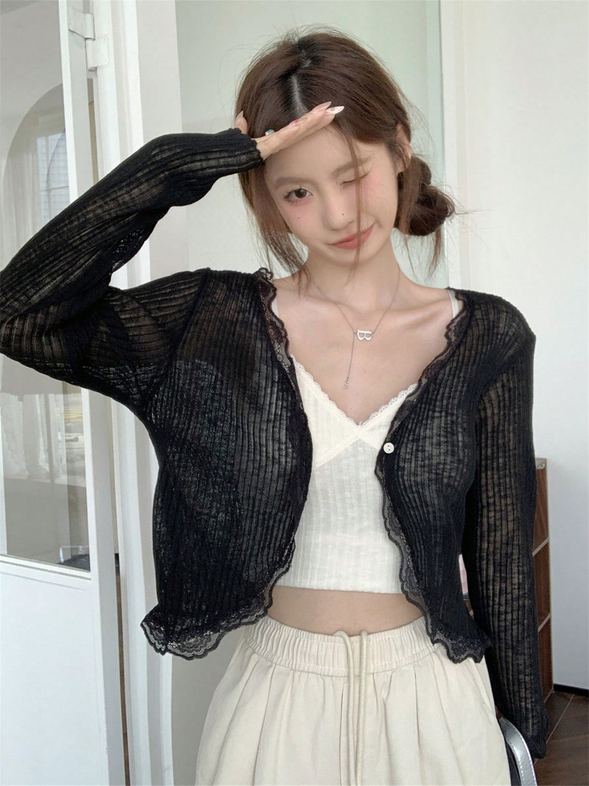 Women's Blue Lace Trim V-Neck Cover Up, Cute Back To School Summer Shawl Lightweight Outerwear