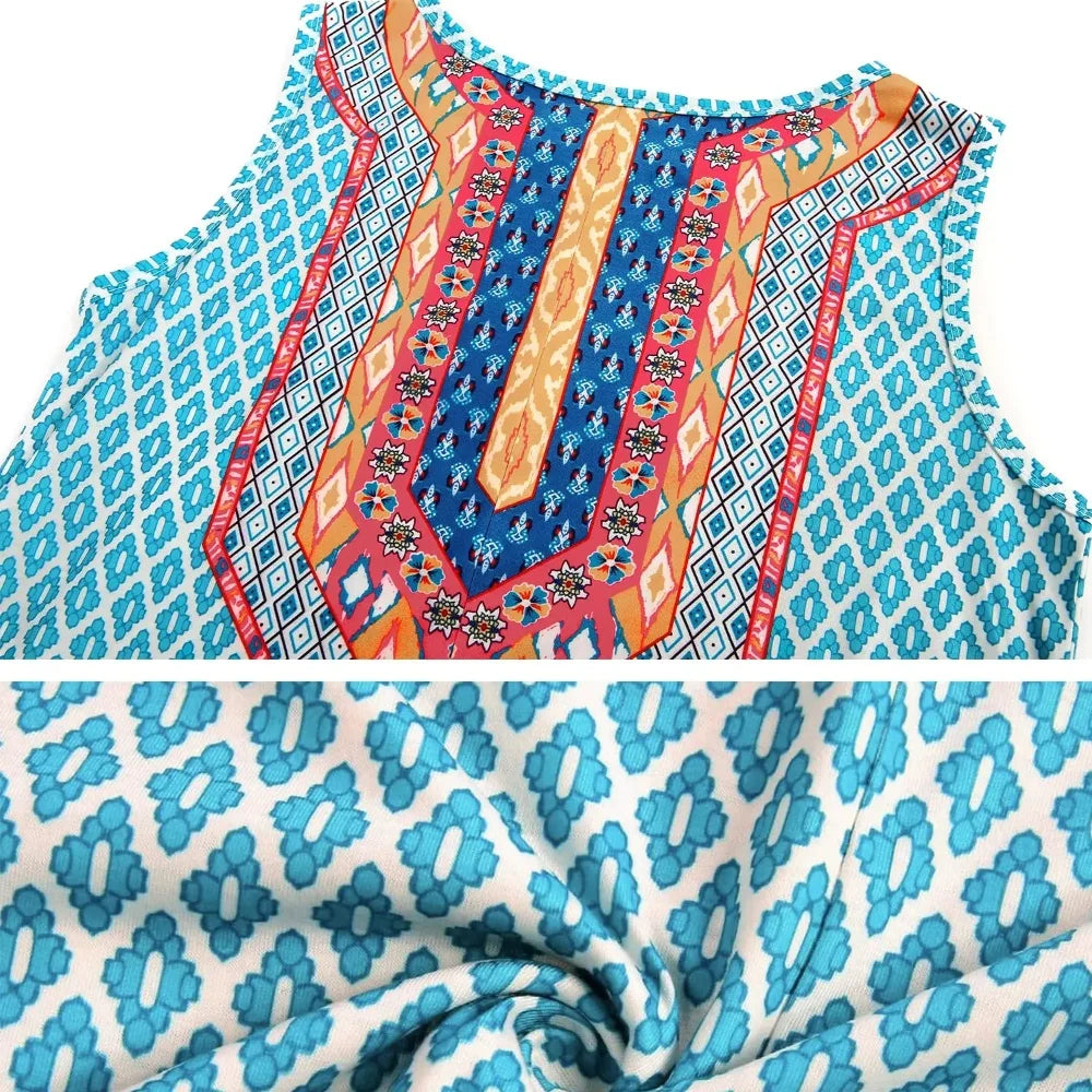 Summer Colorful Gradient Printed Vest Sleeveless Pocket Dress Summer Casual Fashion Sleeveless Round Neck Midi Dress for Women
