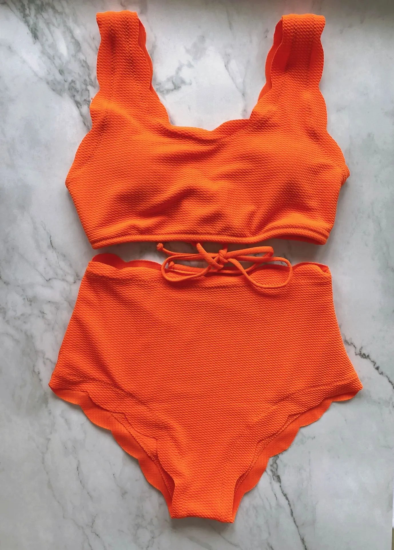 Women Scalloped Textured High Waisted Bikini Set Solid Two Pieces Beach Bathing Suits Swimwear Lace up Biquinis Bathing Suits