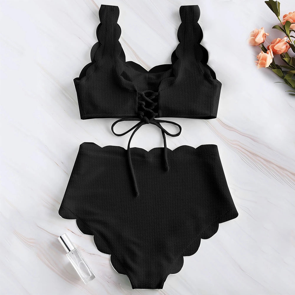 Women Scalloped Textured High Waisted Bikini Set Solid Two Pieces Beach Bathing Suits Swimwear Lace up Biquinis Bathing Suits