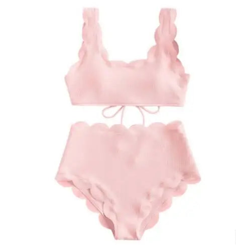 Women Scalloped Textured High Waisted Bikini Set Solid Two Pieces Beach Bathing Suits Swimwear Lace up Biquinis Bathing Suits