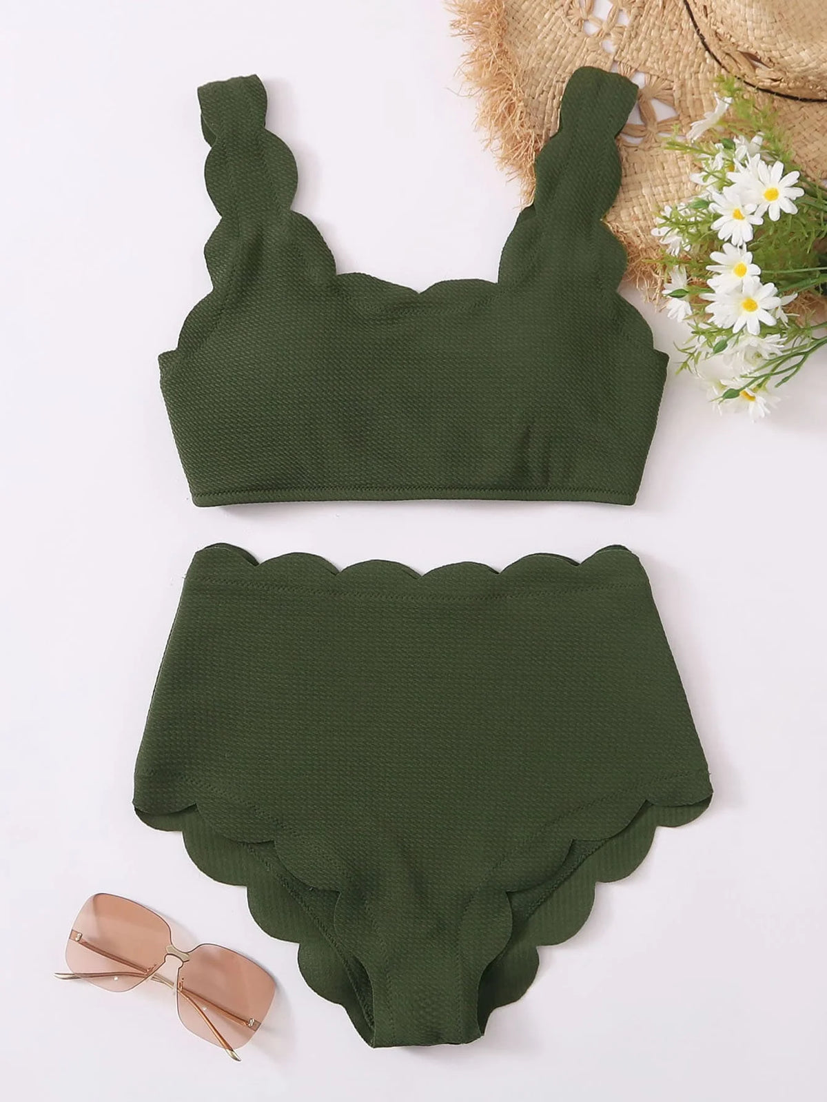 Women Scalloped Textured High Waisted Bikini Set Solid Two Pieces Beach Bathing Suits Swimwear Lace up Biquinis Bathing Suits