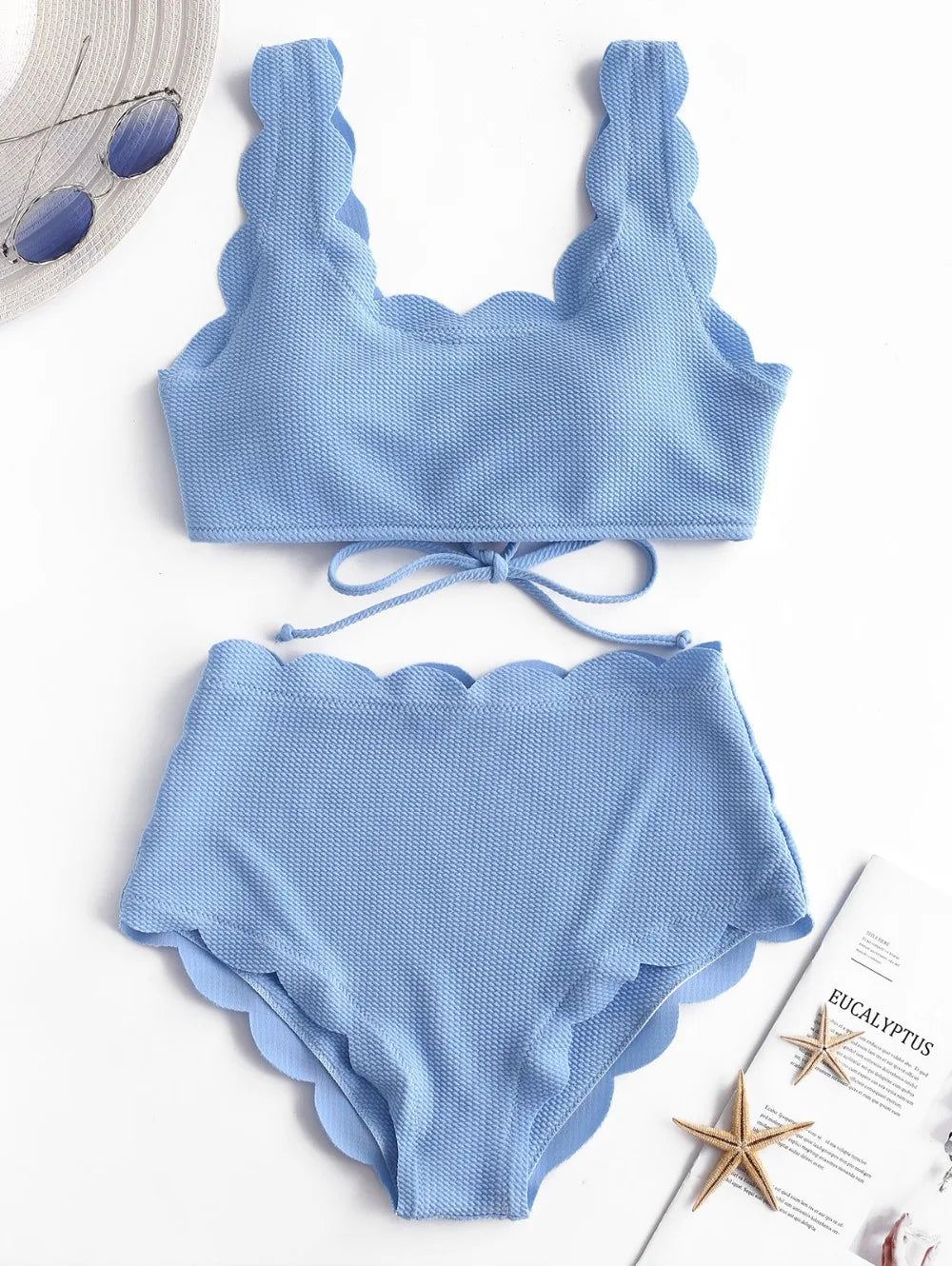 Women Scalloped Textured High Waisted Bikini Set Solid Two Pieces Beach Bathing Suits Swimwear Lace up Biquinis Bathing Suits