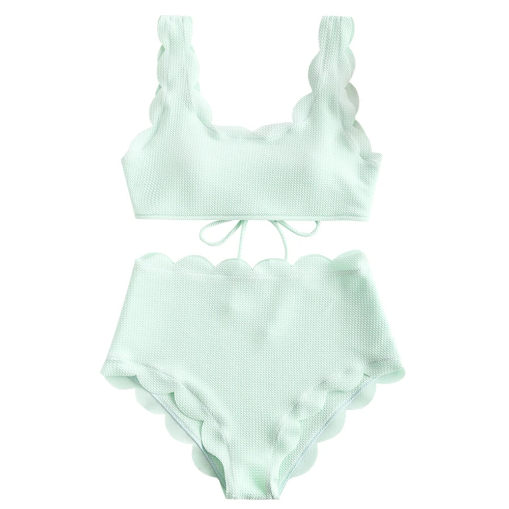 Women Scalloped Textured High Waisted Bikini Set Solid Two Pieces Beach Bathing Suits Swimwear Lace up Biquinis Bathing Suits