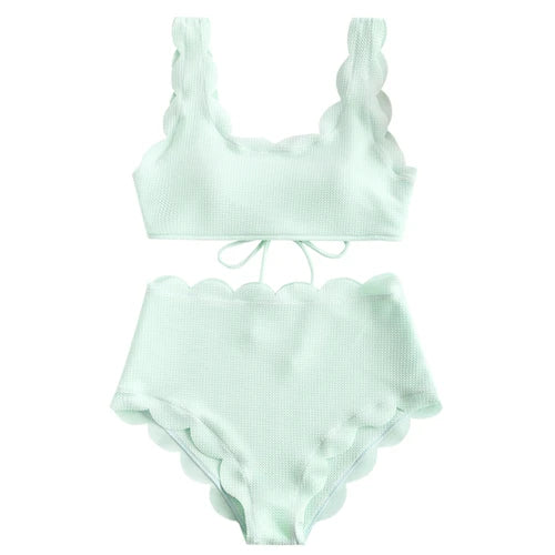 Women Scalloped Textured High Waisted Bikini Set Solid Two Pieces Beach Bathing Suits Swimwear Lace up Biquinis Bathing Suits