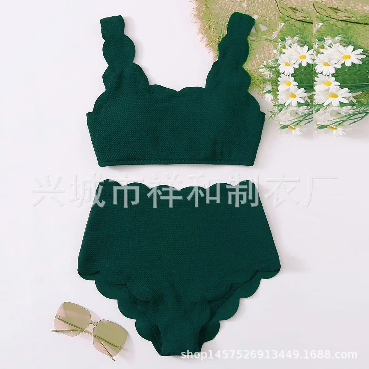 Women Scalloped Textured High Waisted Bikini Set Solid Two Pieces Beach Bathing Suits Swimwear Lace up Biquinis Bathing Suits