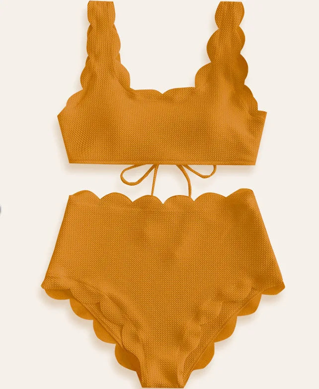 Women Scalloped Textured High Waisted Bikini Set Solid Two Pieces Beach Bathing Suits Swimwear Lace up Biquinis Bathing Suits